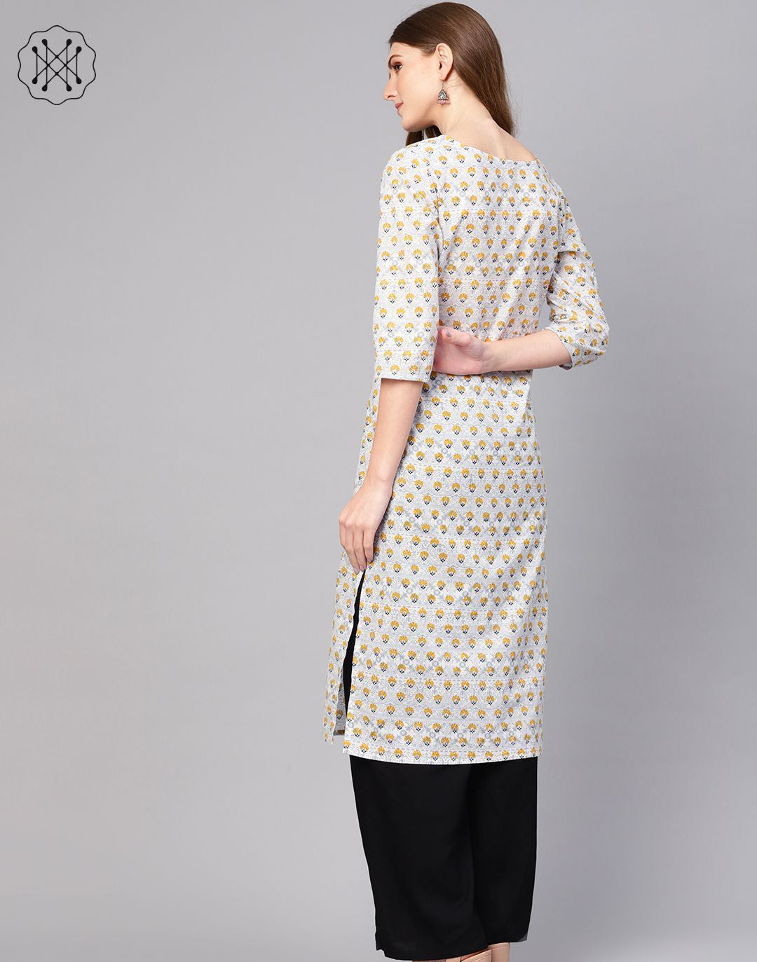 Grey Quirky Printed Boat Neck With A V-Slit Straight Kurta