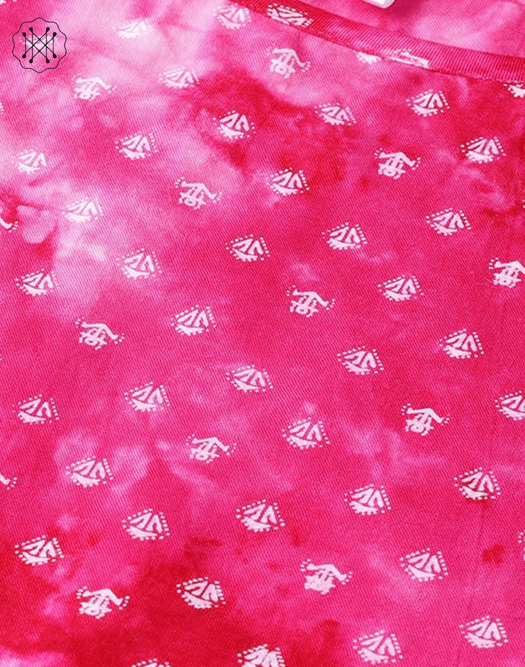 Pink Printed 3/4Th Sleeve Cotton Kurta
