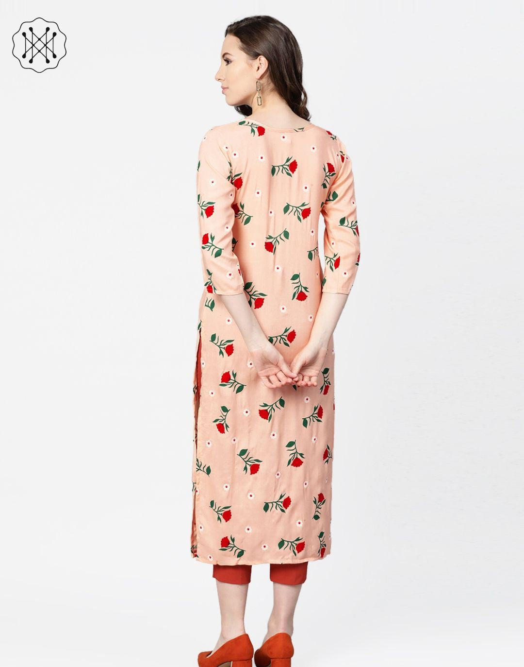 Peach Multi colored Floral printed Straight Kurta with Round neck & 3/4 sleeves