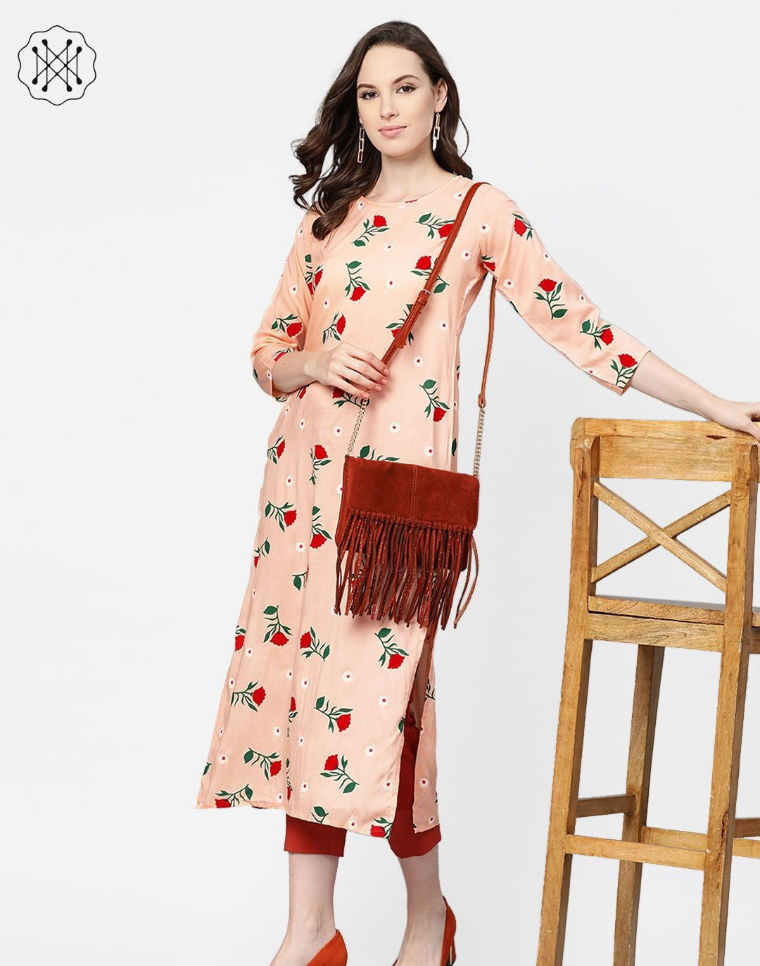 Peach Multi colored Floral printed Straight Kurta with Round neck & 3/4 sleeves