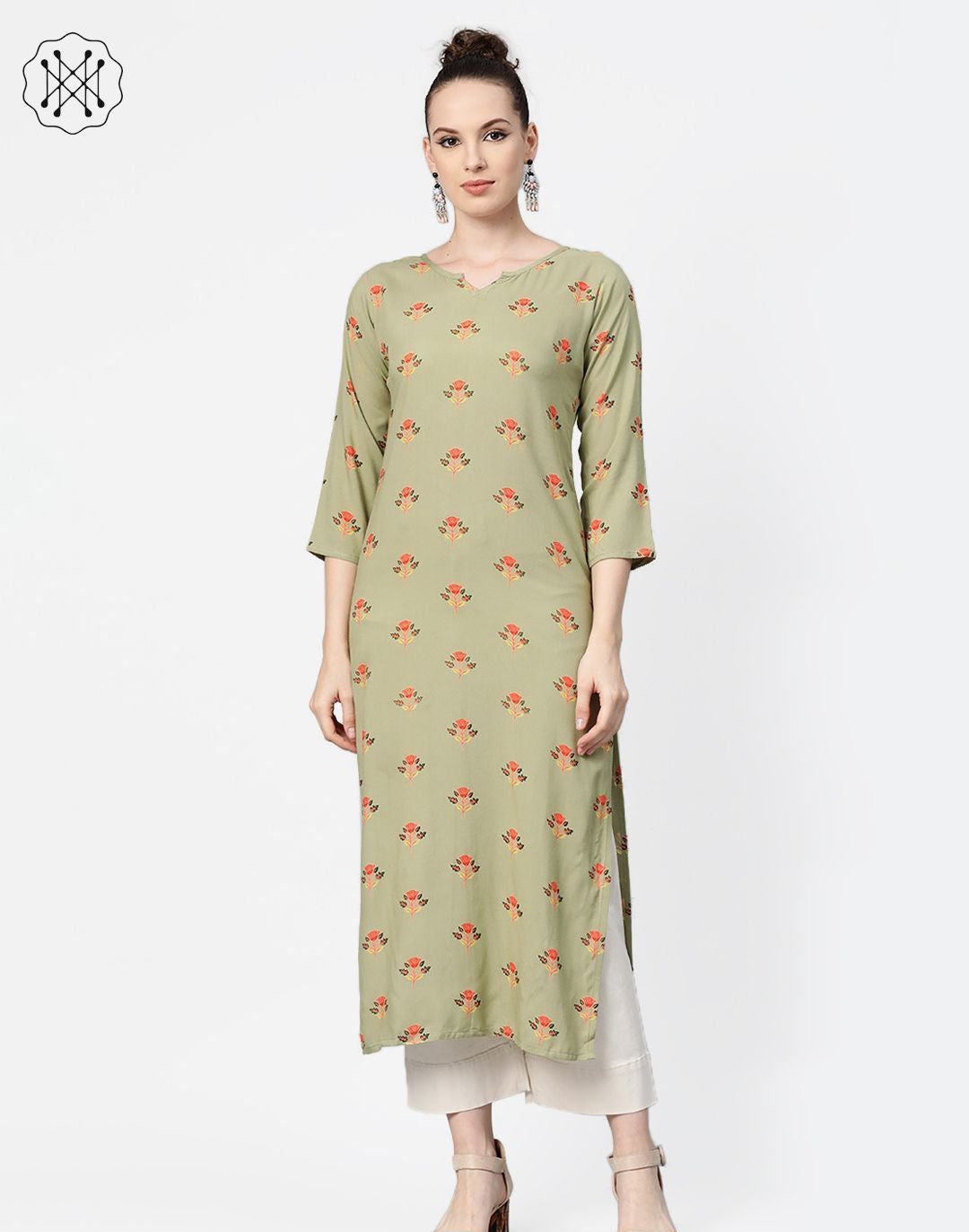 Olive green Multi Colored Printed Kurta with Round Neck with V & 3/4 sleeves