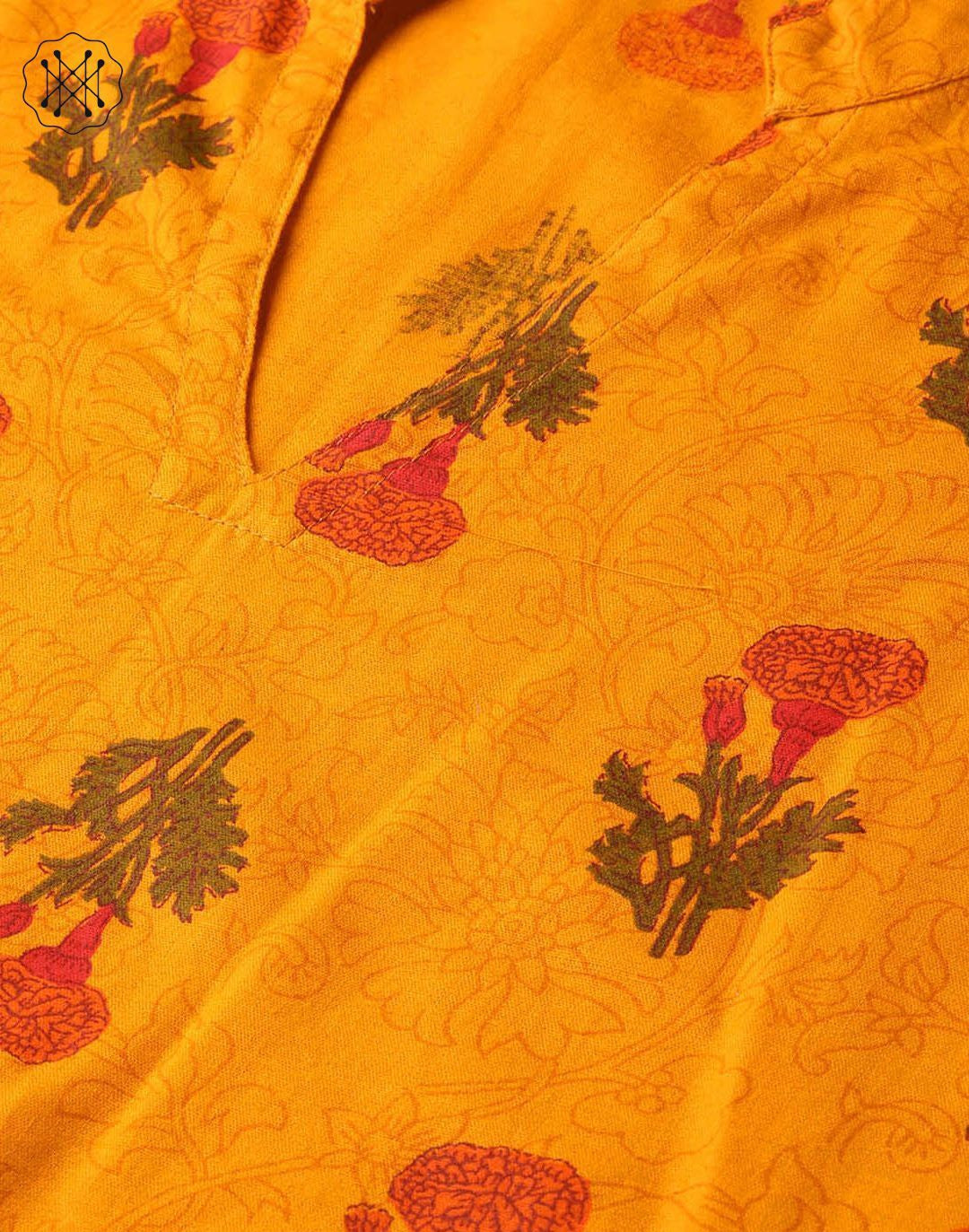 Mustard Printed Straight kurta with mandarin collar & 3/4 sleeves