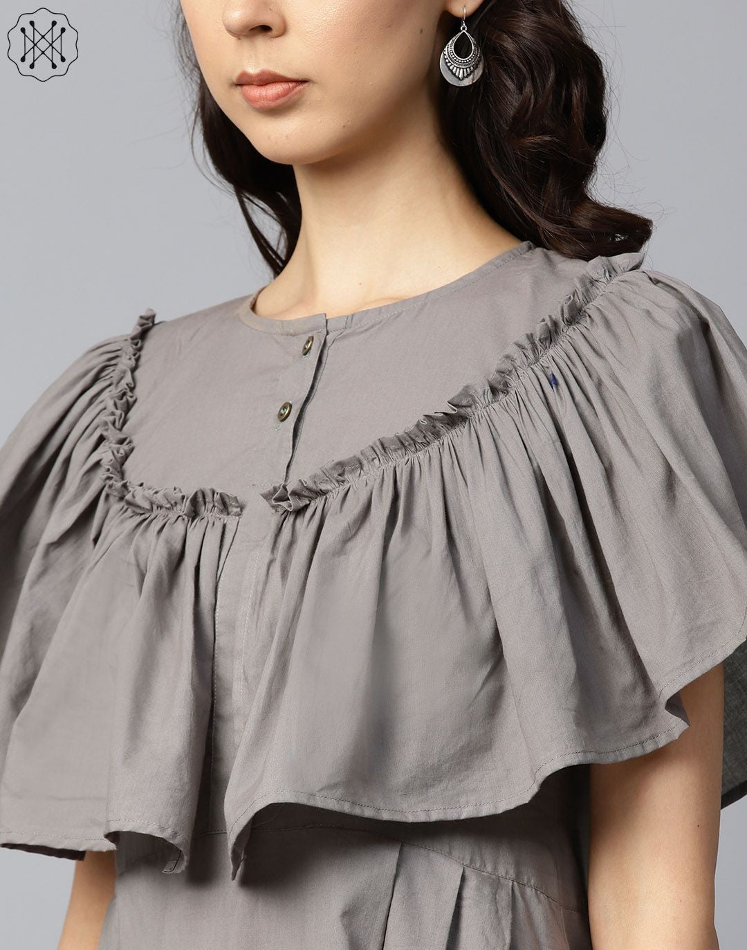 Dark Grey Block Printed Sleeveless Poncho Style Cotton A-Line Kurta