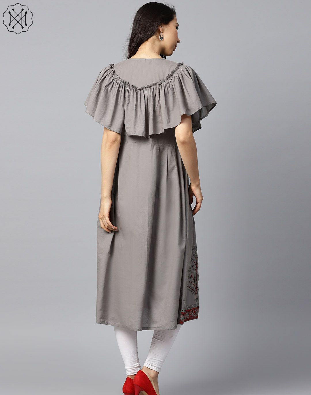 Dark Grey Block Printed Sleeveless Poncho Style Cotton A-Line Kurta