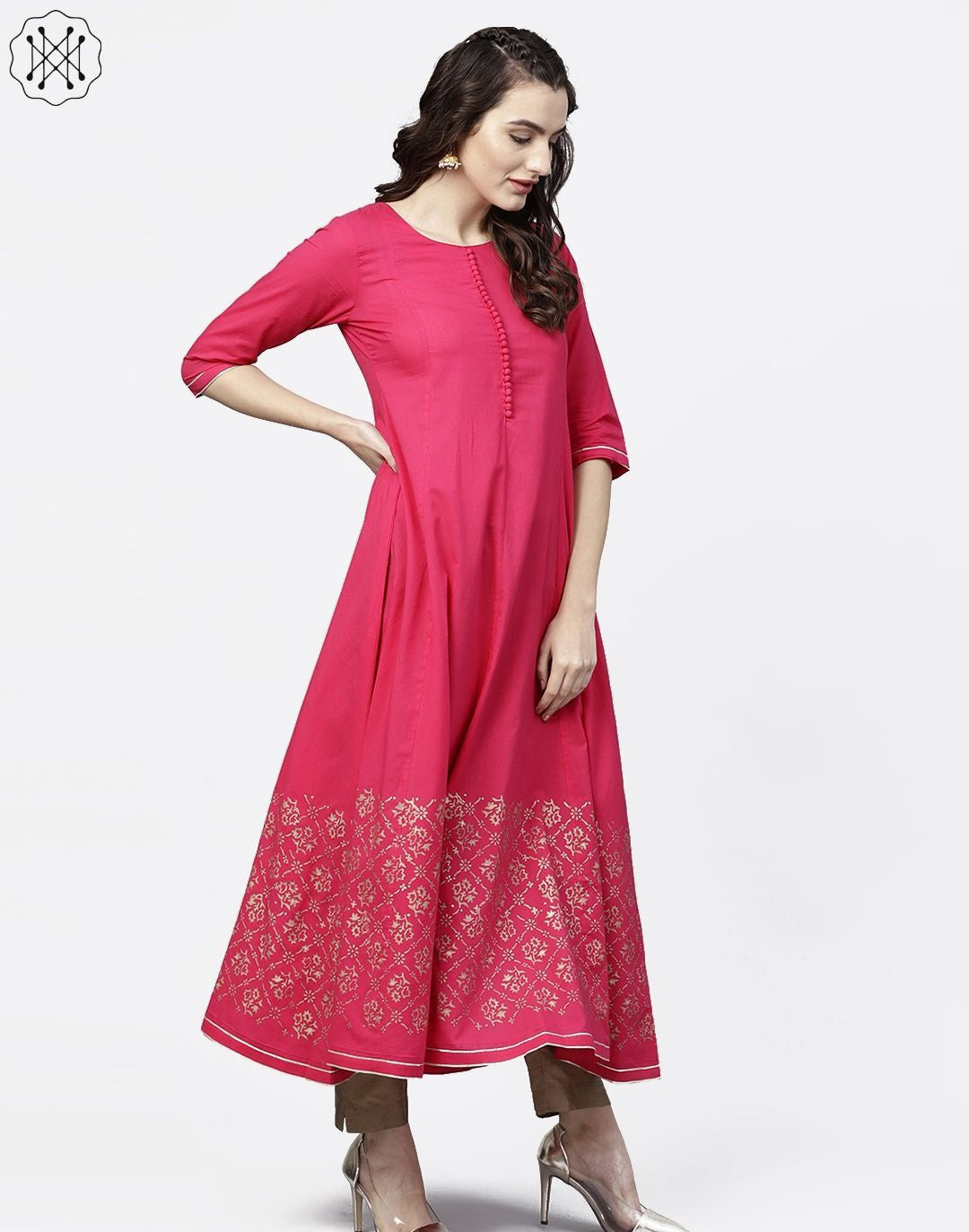 Solid Short Round Neck With 3/4Th Sleeves Gold Hand- Block Printed Anarkali Kurta