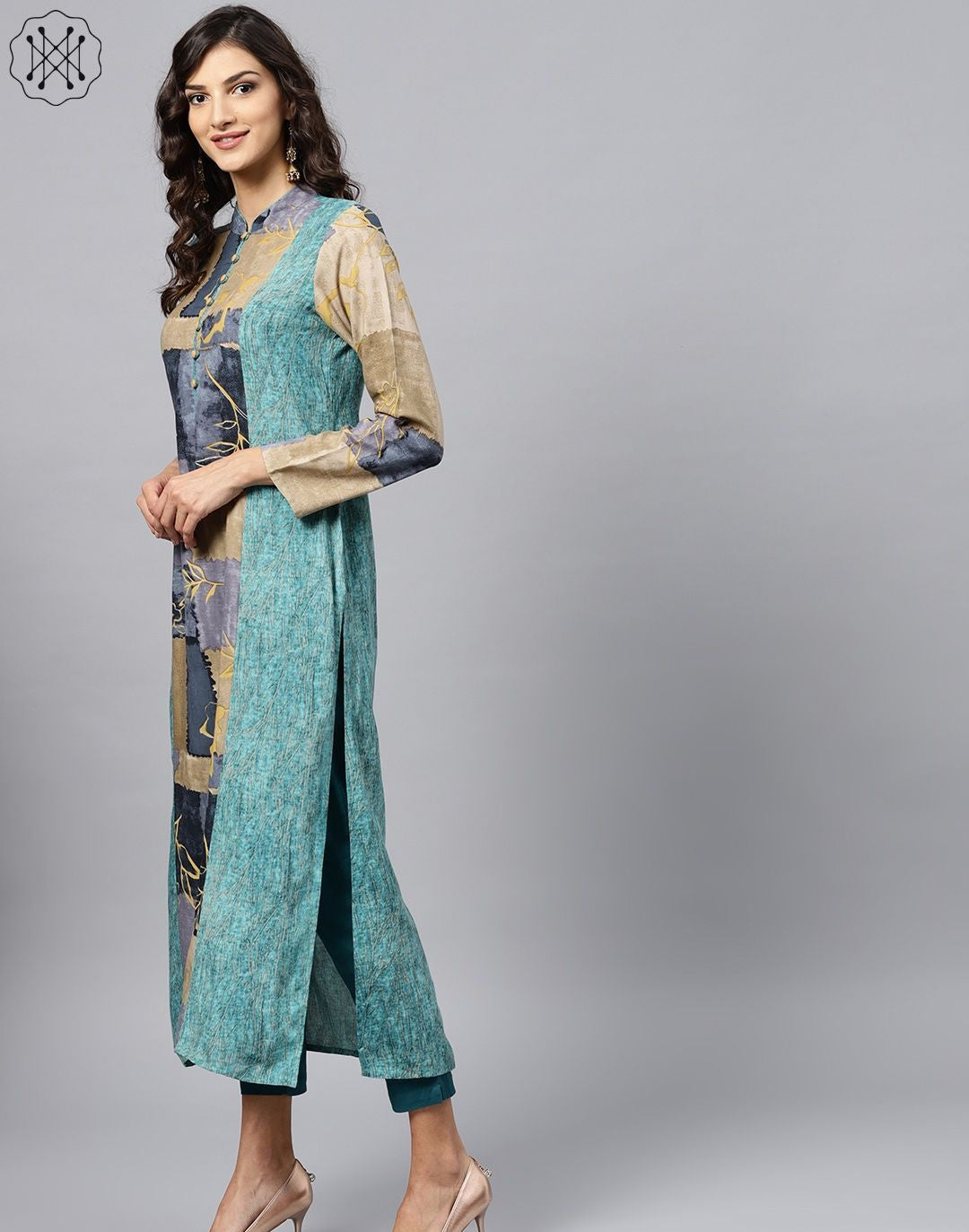 Multi Coloured Front Placket Kurta With Mandarin Collar And Full Sleeves