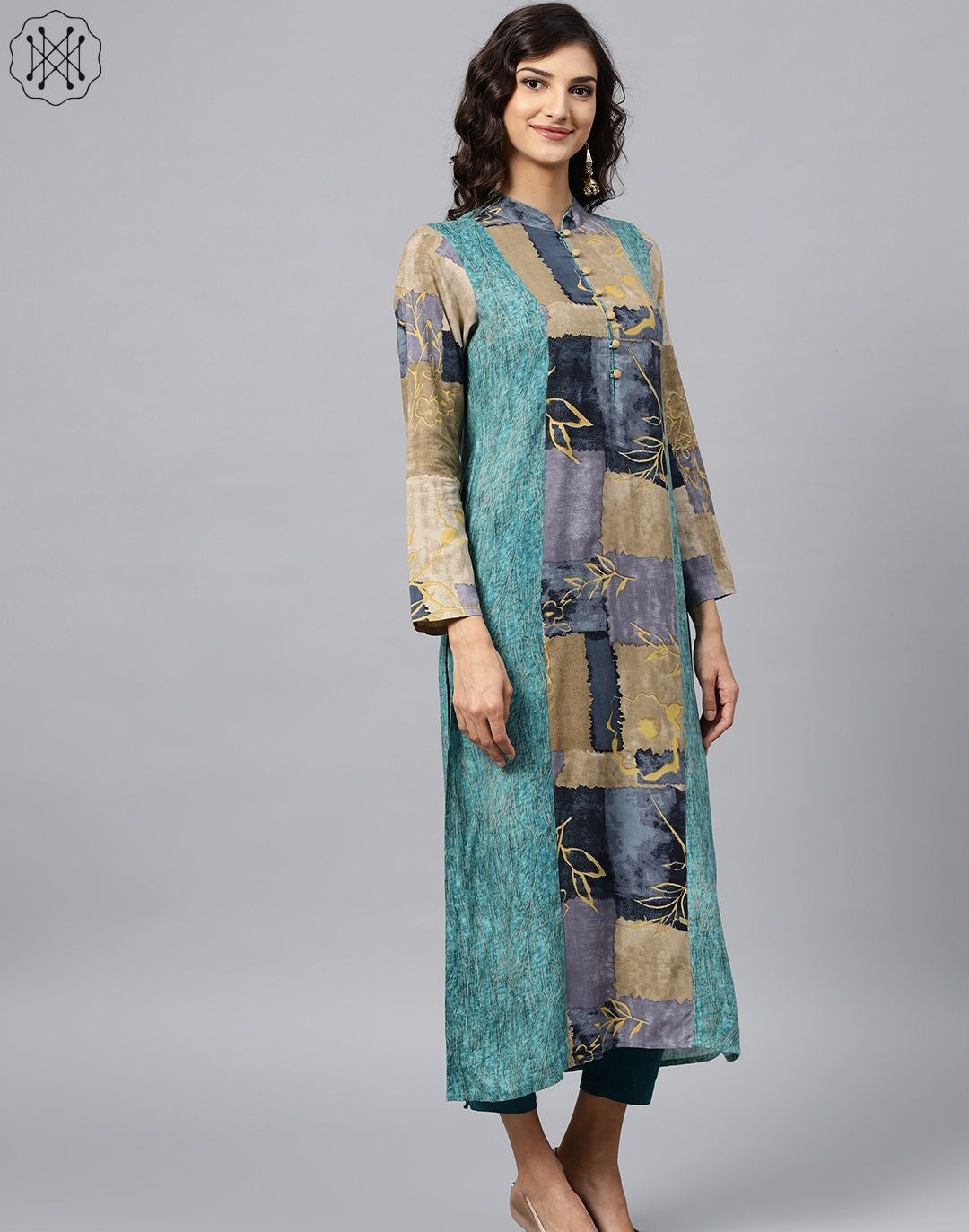 Multi Coloured Front Placket Kurta With Mandarin Collar And Full Sleeves