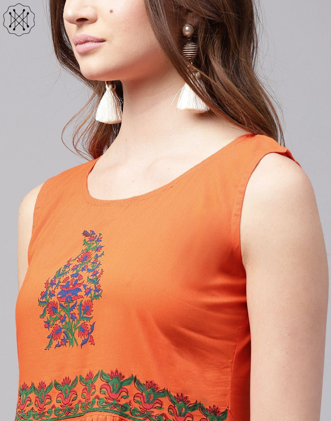 Orange Sleeveless Cotton Anarkali Kurta With Block Printed In Yoke And Border