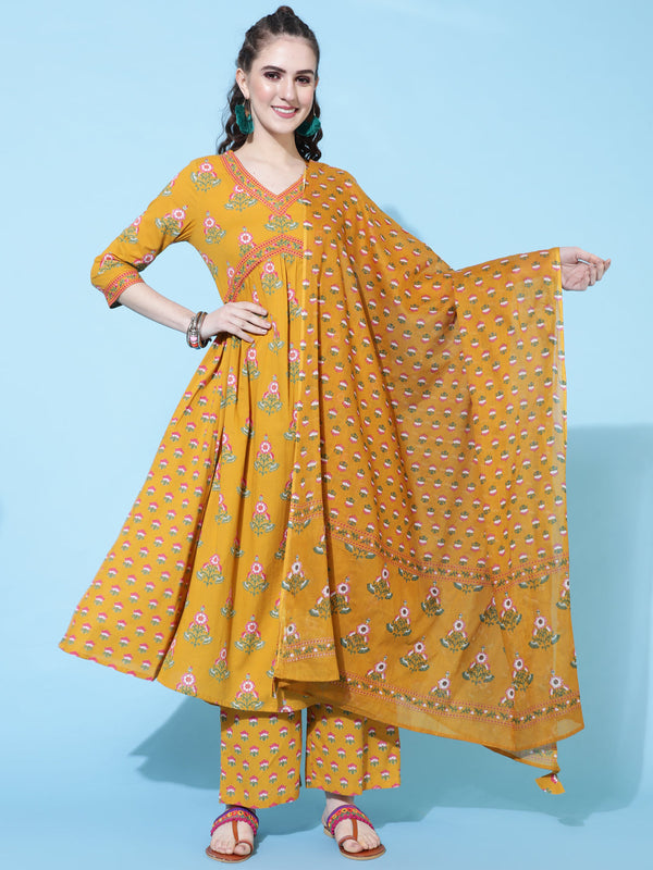 Cotton Calf Length Printed Semi-Flared 3/4 Sleeves V-Neck Kurta Bottom Dupatta Set | WomensFashionFun.com