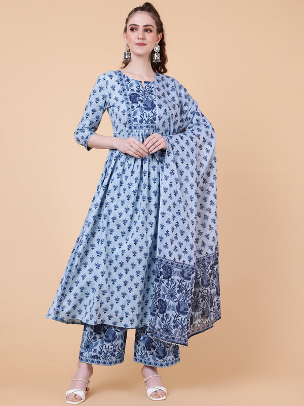 Cotton Calf Length Printed Semi-Flared 3/4 Sleeves Round Neck Kurta Bottom Dupatta Set | WomensFashionFun.com