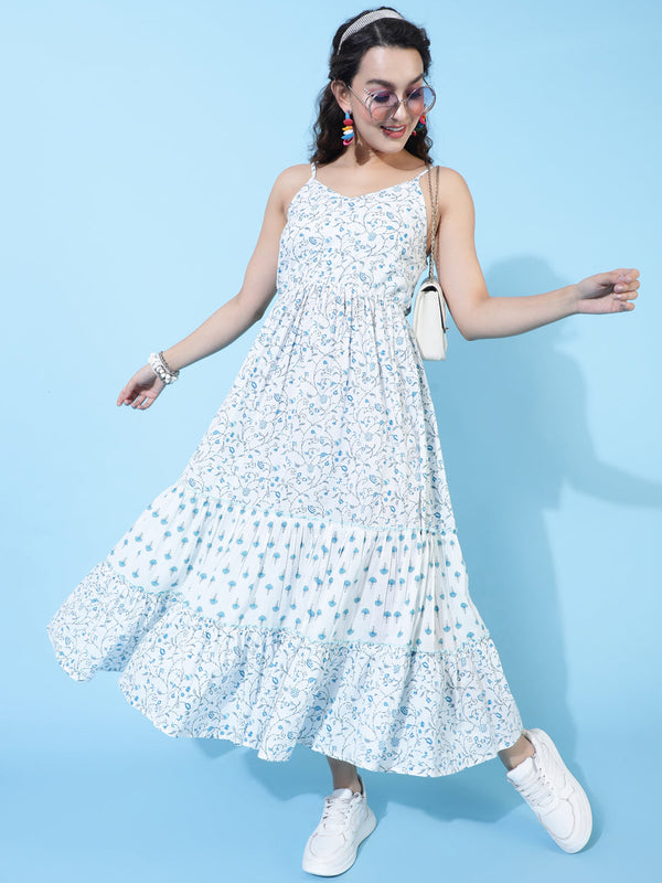 Cotton Calf Length Printed Flared Strappy Sleeves V-Neck Dress | WomensFashionFun.com