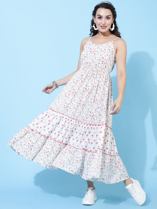 Cotton Calf Length Printed Flared Strappy Sleeves V-Neck Dress | WomensFashionFun.com