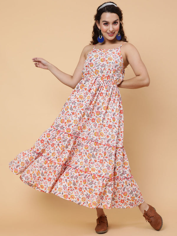Cotton Calf Length Printed Flared Strappy Sleeves Square Neck Dress | WomensFashionFun.com