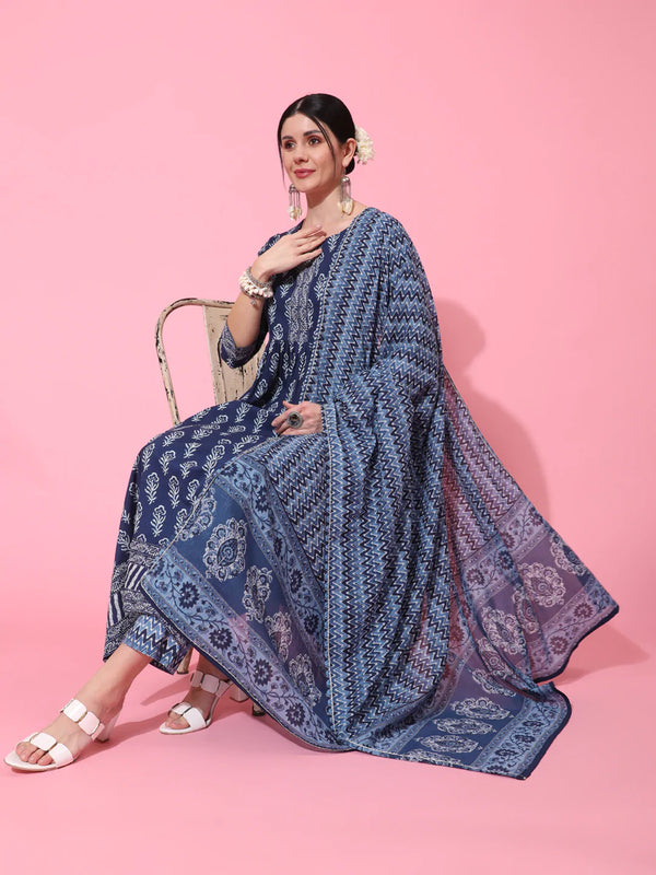 Cotton Calf Length Printed Flared 3/4 Sleeve Round Neck Kurta Bottom Dupatta Set | WomensFashionFun.com