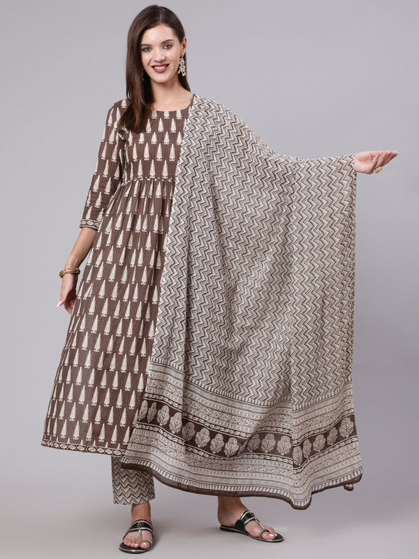 Cotton Calf Length Printed Semi Flared 3/4 Sleeve Round Neck Kurta Bottom Dupatta Set | WomensFashionFun.com