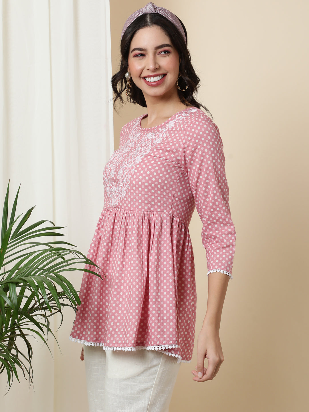 Cotton  Short Length Printed  3/4 Sleeve Round  Top