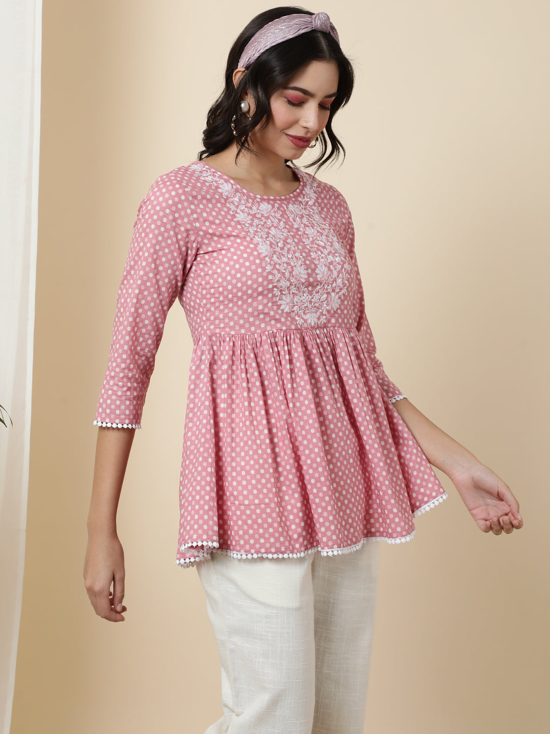 Cotton  Short Length Printed  3/4 Sleeve Round  Top