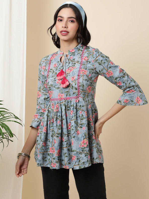 Rayon  Short Length Printed  3/4 Sleeve Mandarin  Top | WomensFashionFun.com