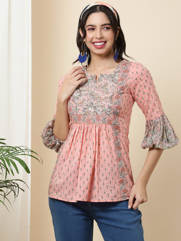 Cotton  Short Length Printed  3/4 Sleeve Square  Top