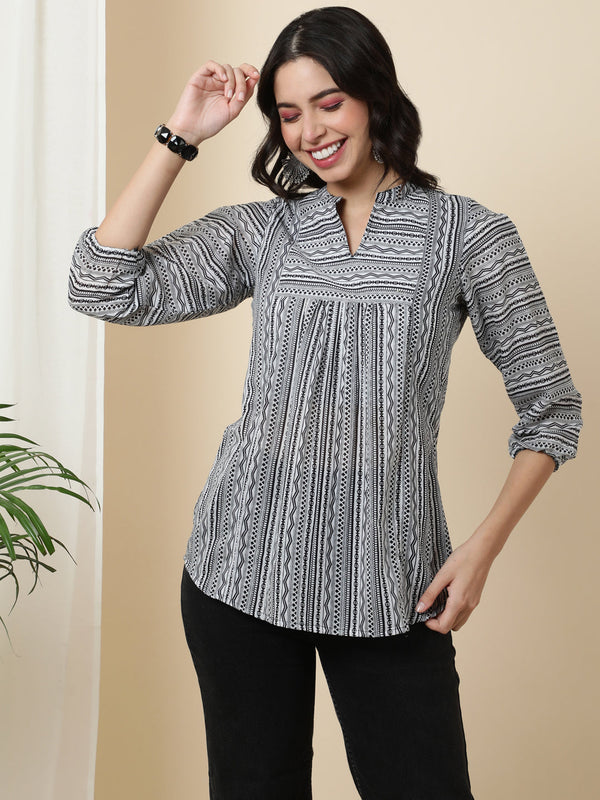 Rayon  Short Length Printed  3/4 Sleeve Mandarin  Top | WomensFashionFun.com