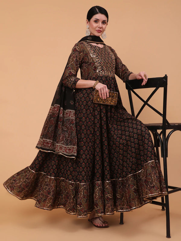 Cotton Full Length Embroidered Flared 3/4 Sleeve Round Neck Kurta Dupatta Set | WomensFashionFun.com