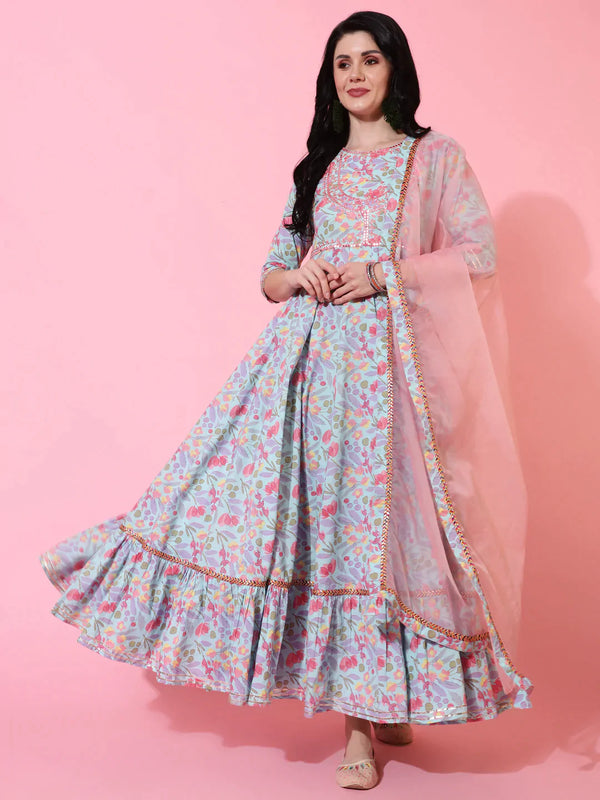 Cotton Full Length Flared 3/4 Sleeves Printed Round Neck Kurta And Dupatta Set | WomensFashionFun.com