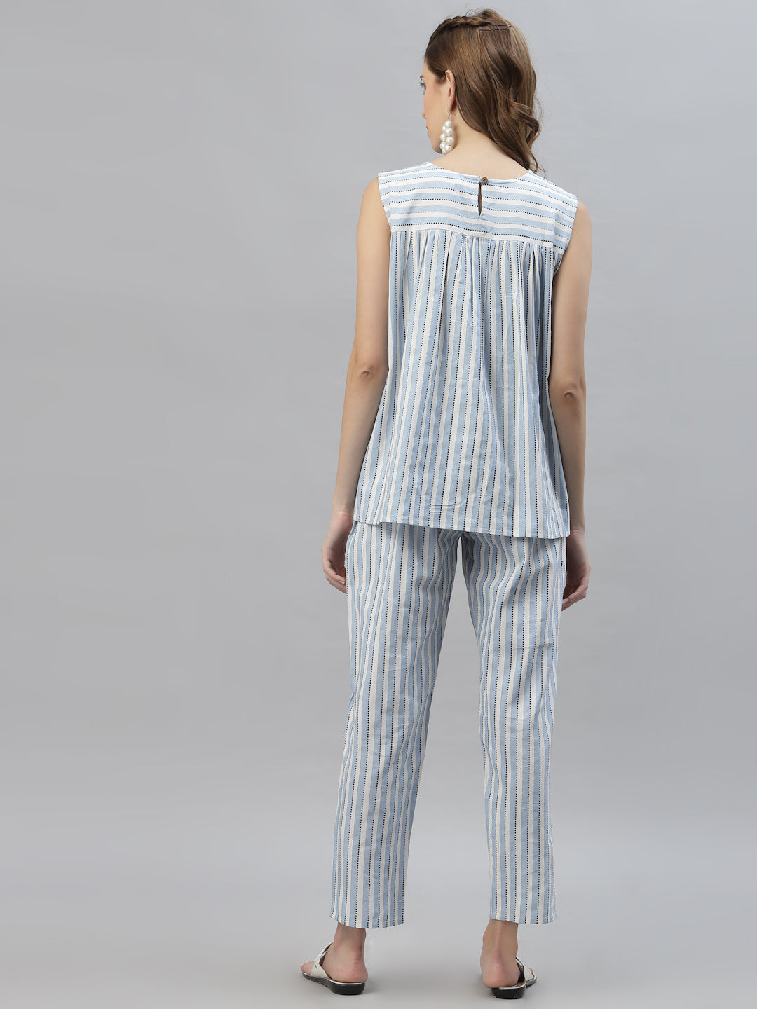 Self Woven Striped Cotton Blend Top and Pant Set
