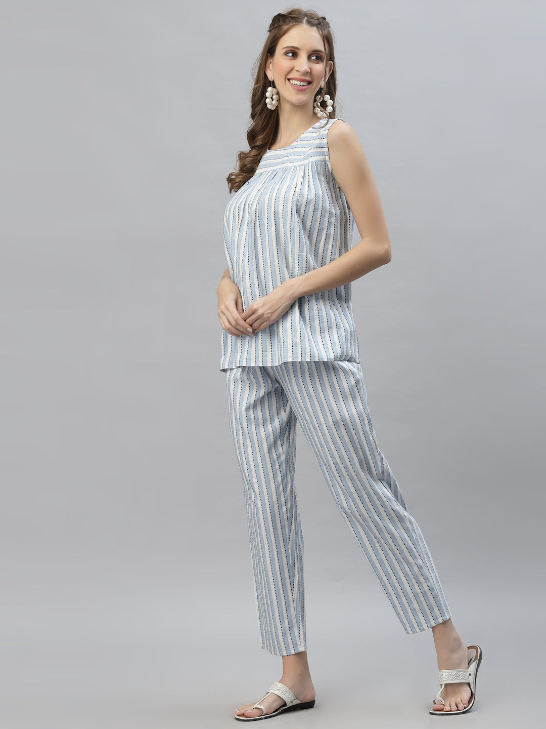 Self Woven Striped Cotton Blend Top and Pant Set