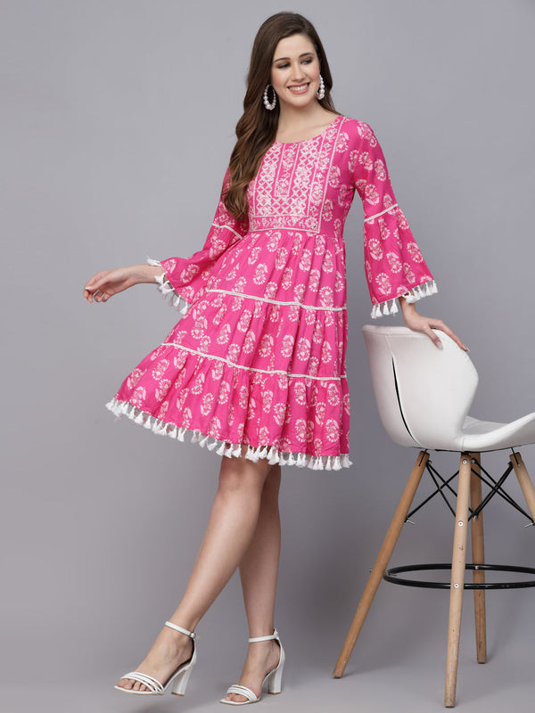 Floral Printed Rayon Flared Dress | WomensFashionFun.com
