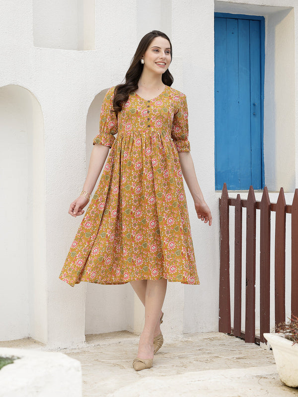 Floral Printed Cotton A-Line Midi Dress | WomensFashionFun.com