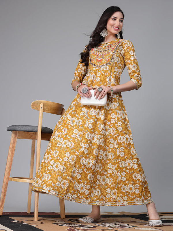 Floral Printed & Embroidered Cotton Anarkali Kurta | WomensFashionFun.com