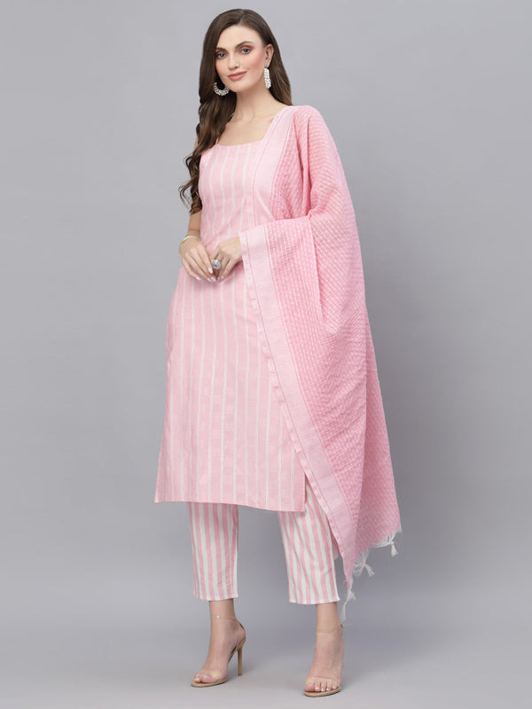 Woven designed Cotton Blend Straight Kurta Pant Dupatta Set