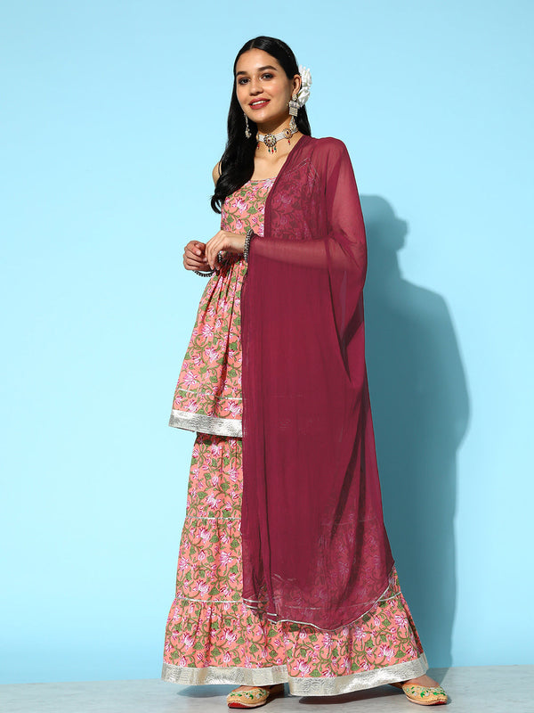 Floral Printed Cotton Kurta Sharara with Dupatta | WomensFashionFun.com