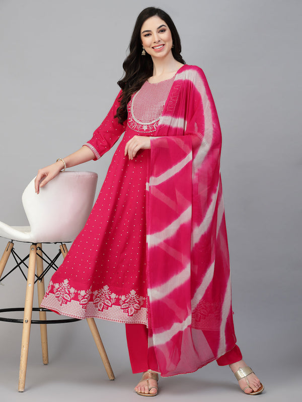 Printed & Embroidered Cotton Anarkali Kurta Pant Dupatta Set | WomensFashionFun.com