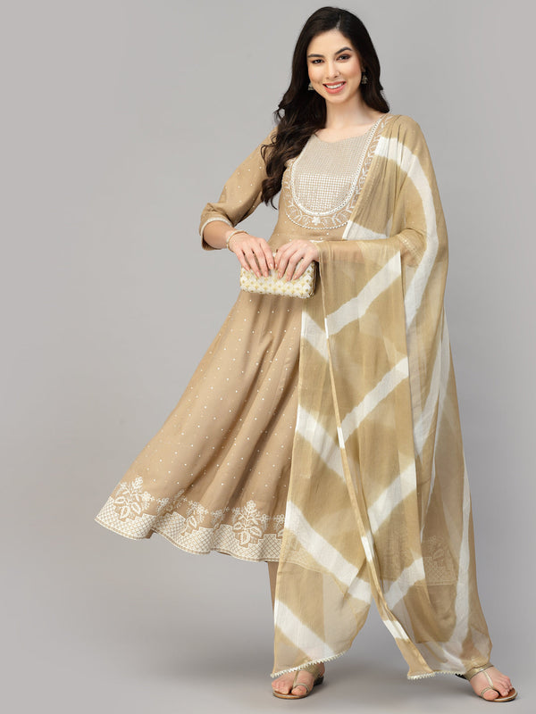 Printed & Embroidered Cotton Anarkali Kurta Pant Dupatta Set | WomensFashionFun.com