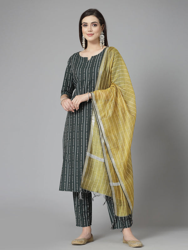 Woven Design Cotton Blend Straight Kurta Pant Dupatta Set | WomensFashionFun.com