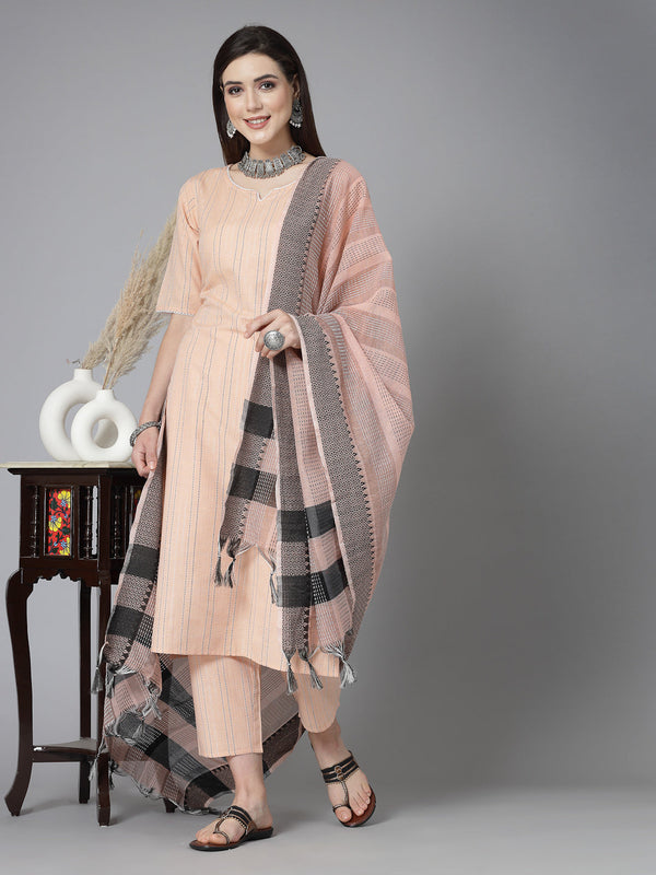 Woven Design Cotton Blend Straight Kurta Pant Dupatta Set | WomensFashionFun.com