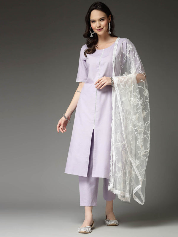 Solid Cotton Blend Straight Kurta Pant Dupatta Set | WomensFashionFun.com