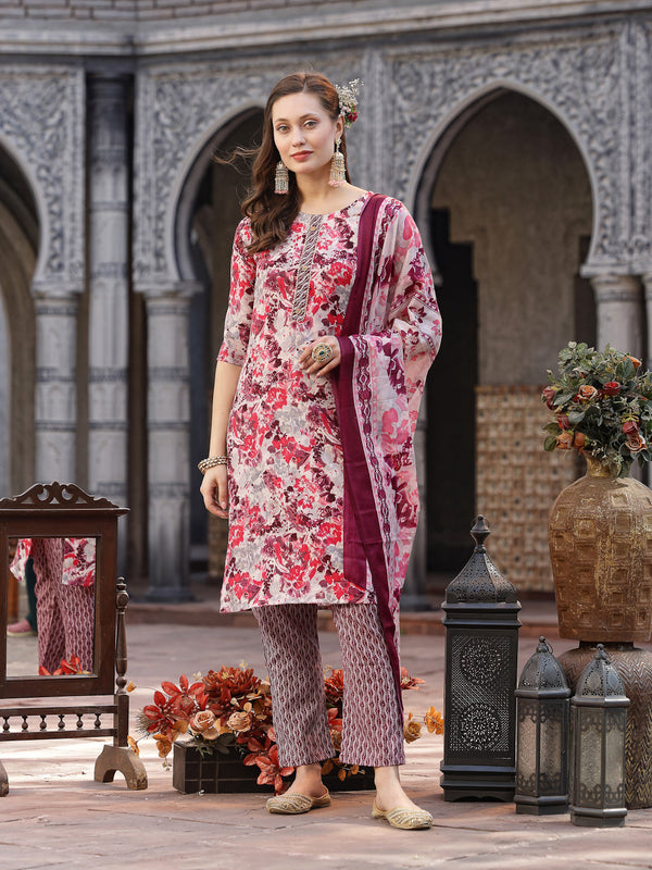 Floral Printed Cotton Blend Straight Kurta Pant Dupatta Set | WomensFashionFun.com