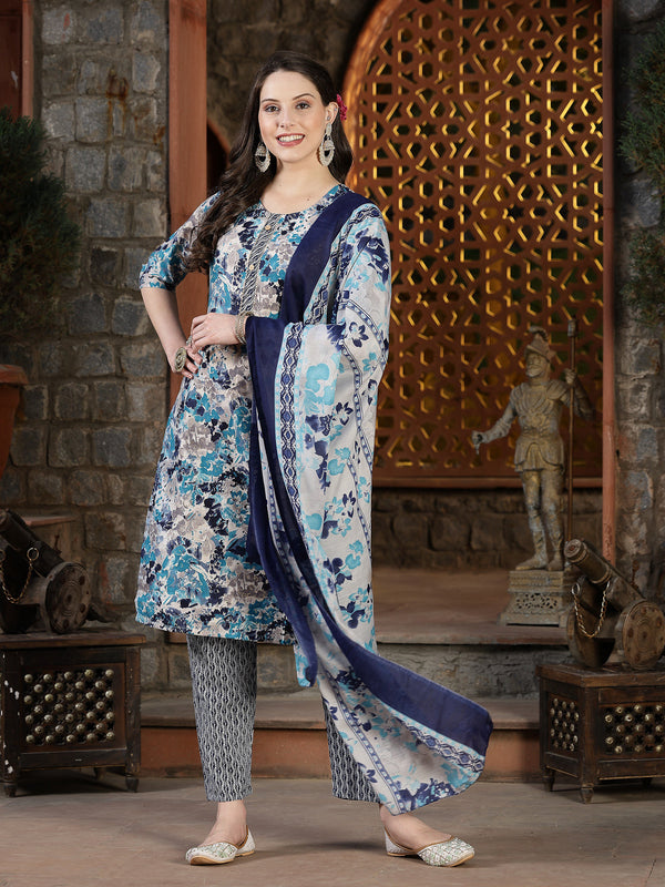 Floral Printed Cotton Blend Straight Kurta Pant Dupatta Set | WomensFashionFun.com