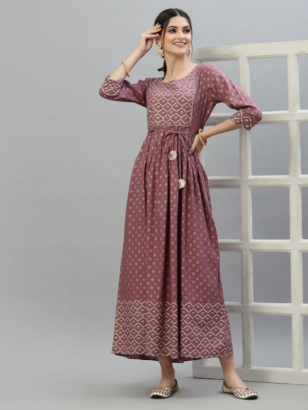 Gold & Khari Printed Rayon Flared Long Ethnic Dress | WomensFashionFun.com
