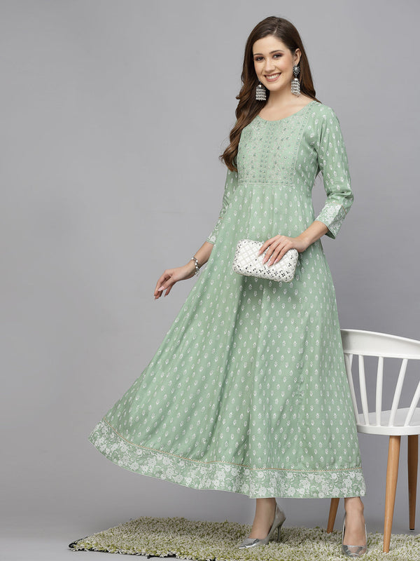 Green Printed & Embroidered Rayon Anarkali Kurta | WomensFashionFun.com