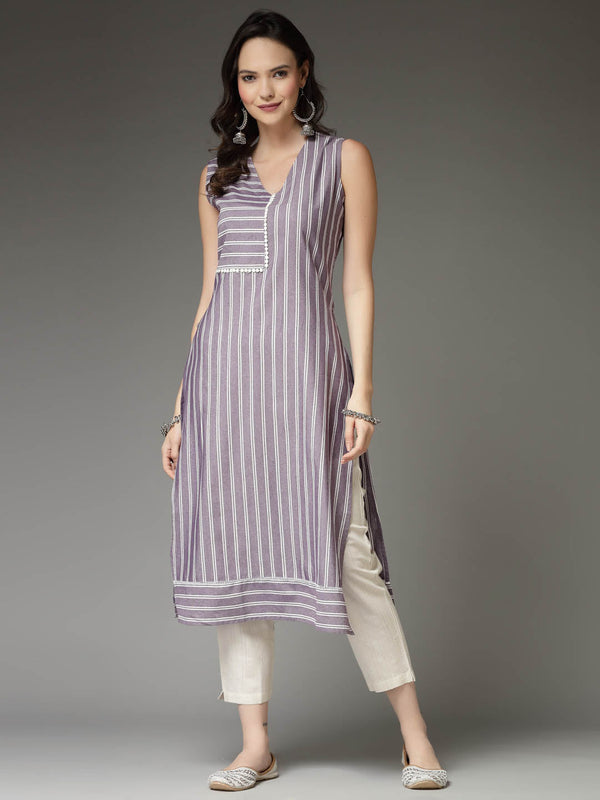 Woven Striped Cotton Blend Straight Kurta | WomensFashionFun.com