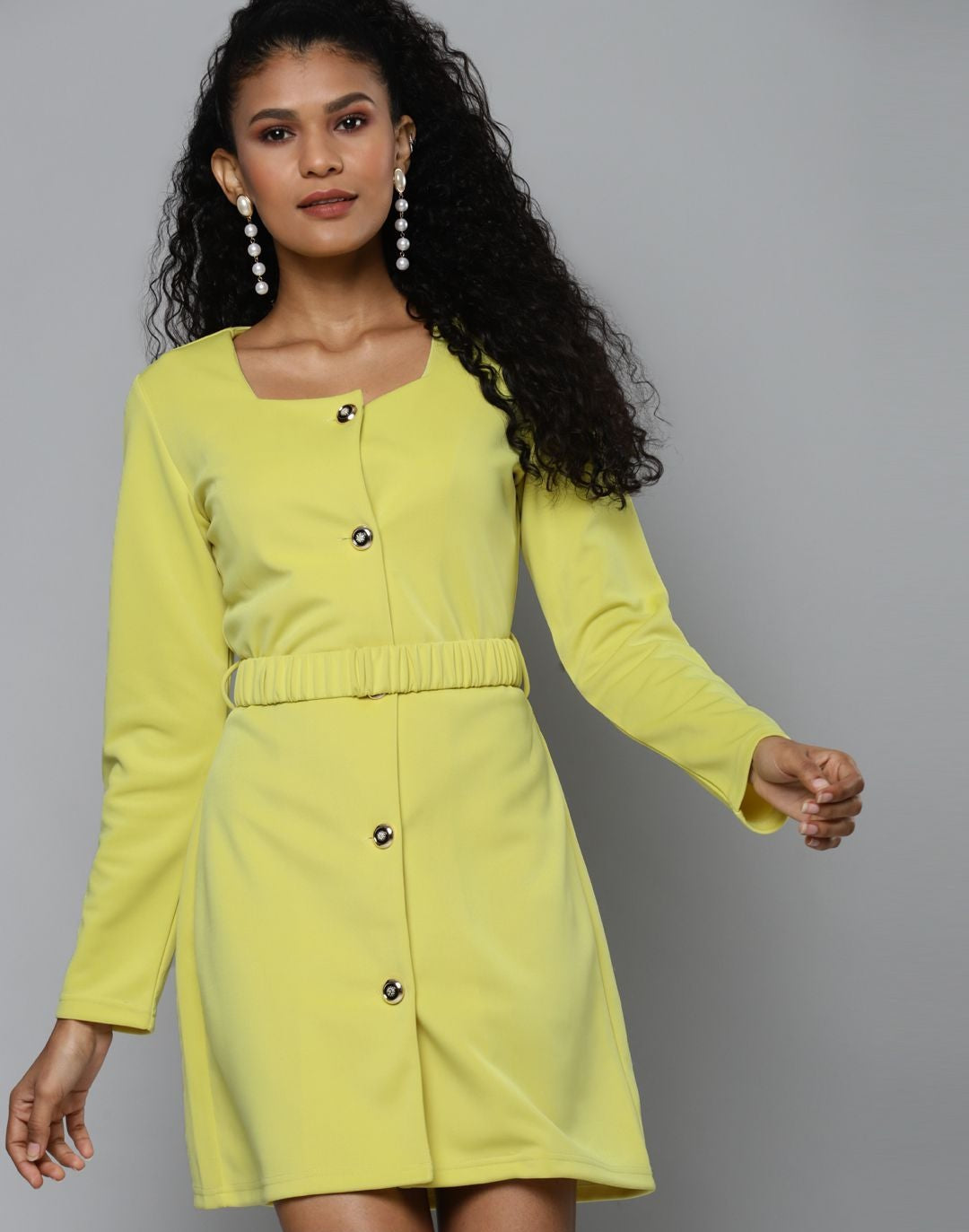 Yellow Scuba Front Button Belted Dress