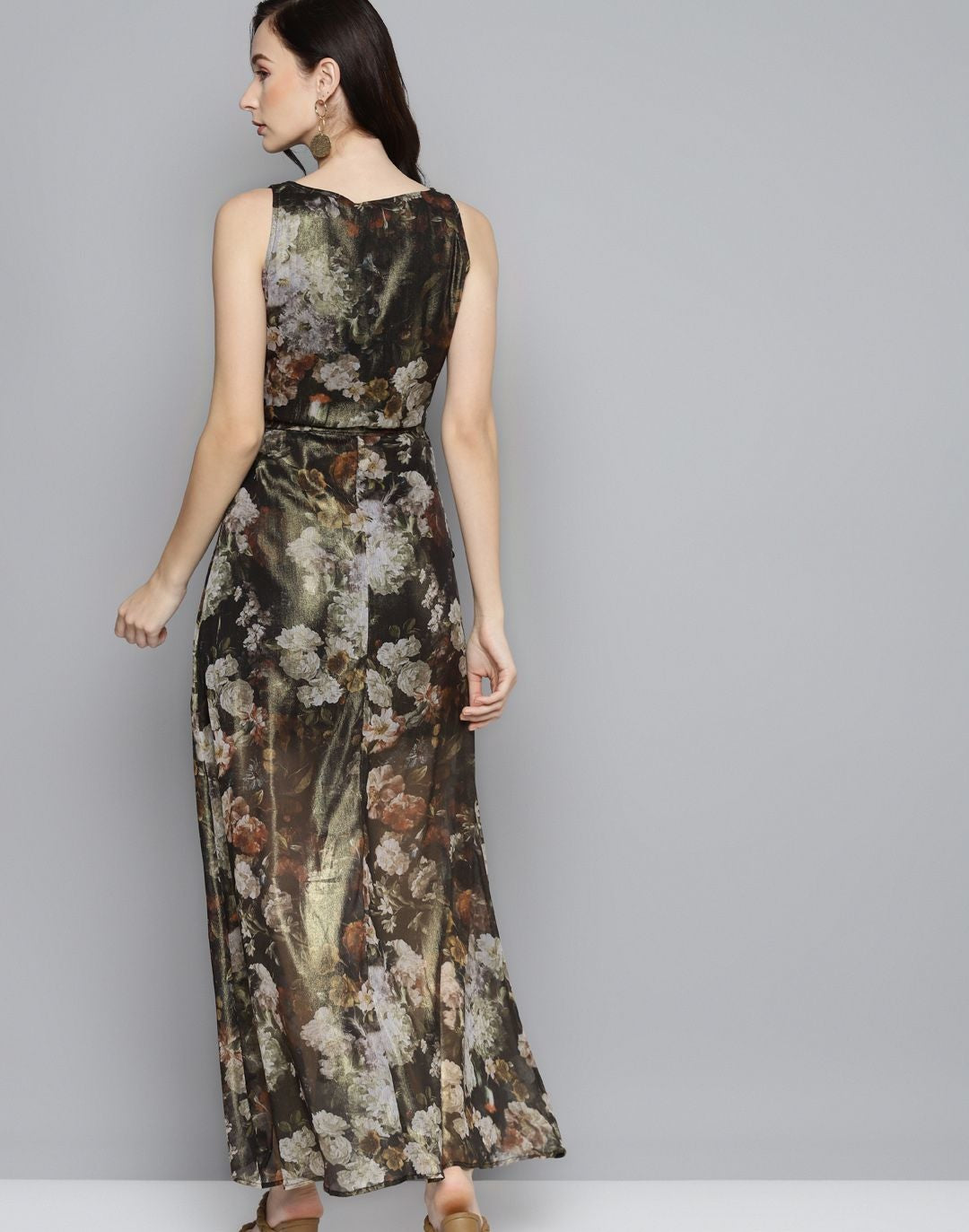 Green Floral Chiffon V-Neck Belted Maxi