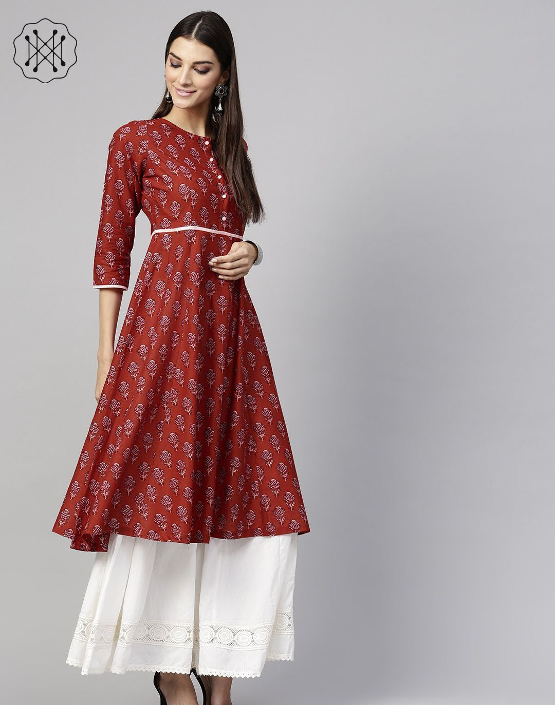 Red Floral Piping Anarkali