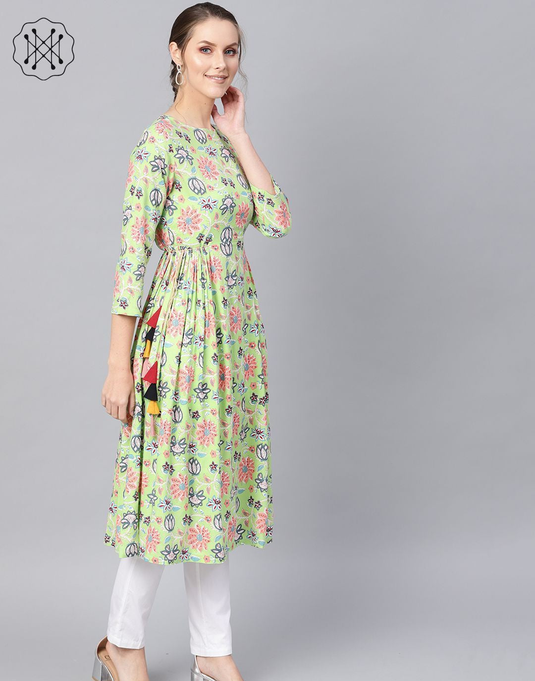 Green Floral Side Tie-Up Kurta Dress