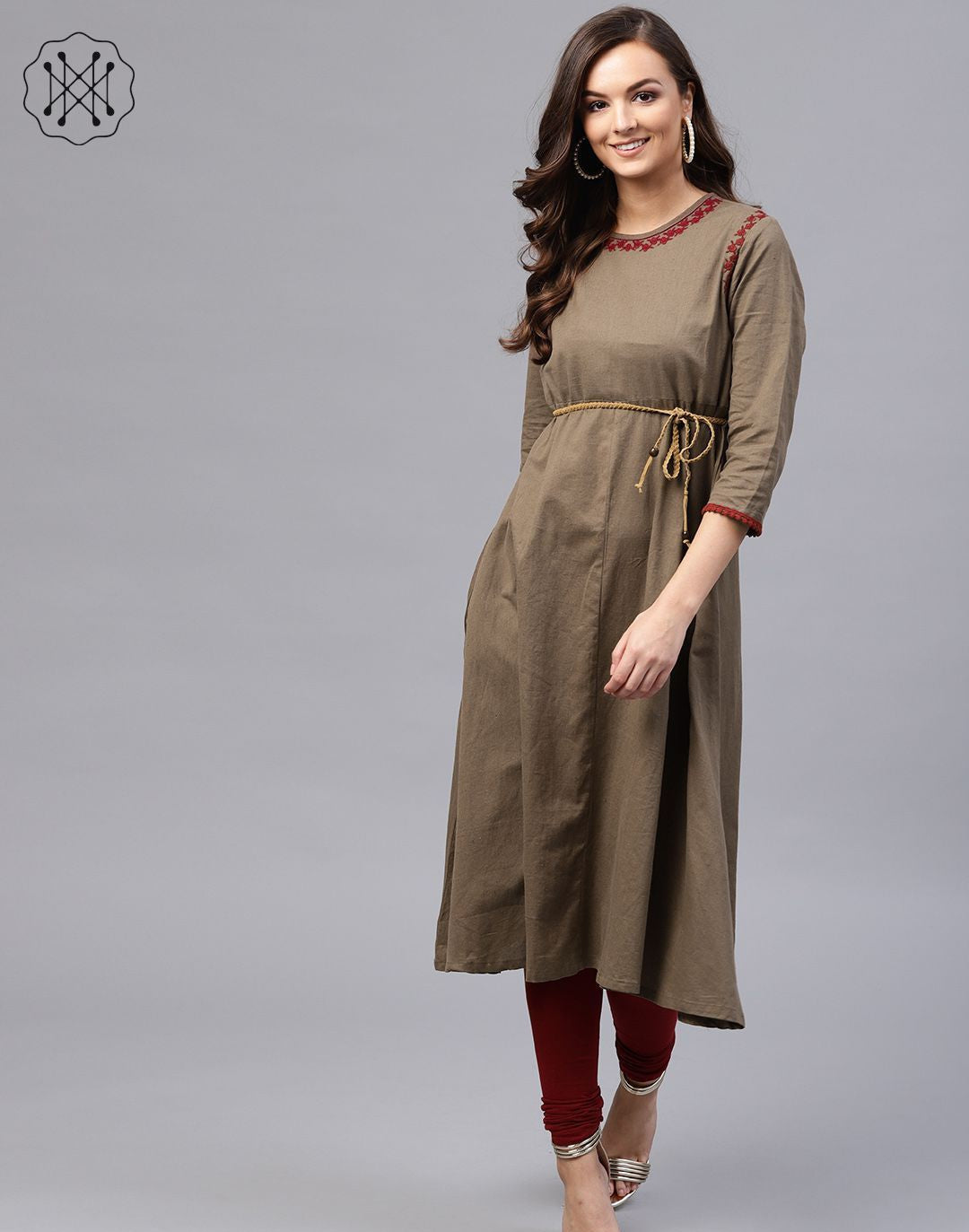 Brown Embroidered Belted Kurta