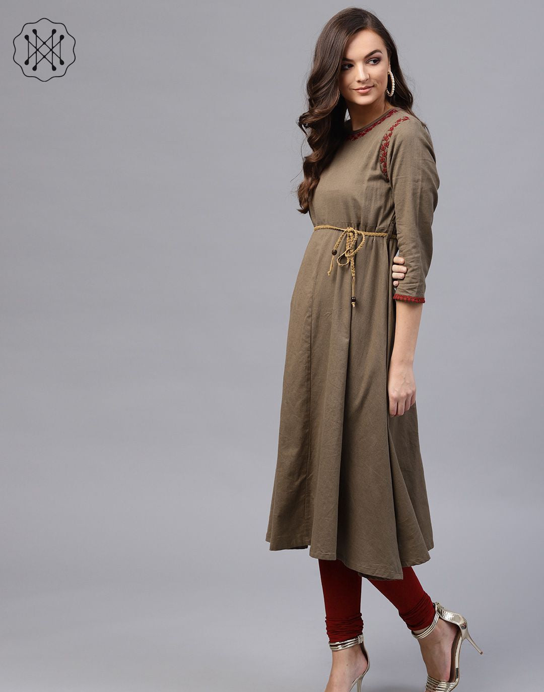 Brown Embroidered Belted Kurta