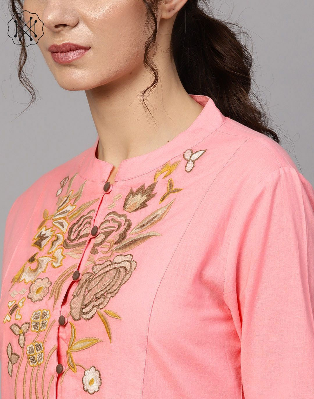 Pink Embroidery Front & Side Slit Kurta